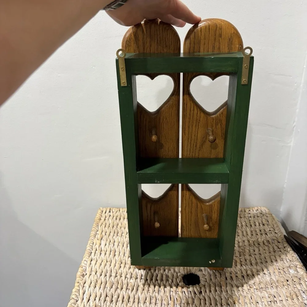 Vtg Wood Wall Shelf Shutter Doors Heart Peg Hooks 18